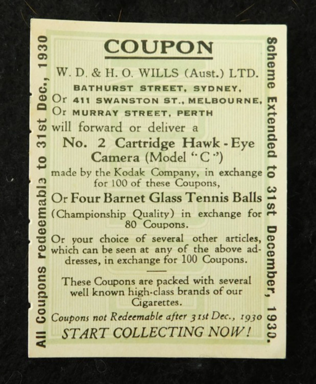 Rare Wills Australia 1930 Cigarette Card Coupon - Free Tennis Balls - Mint Con.