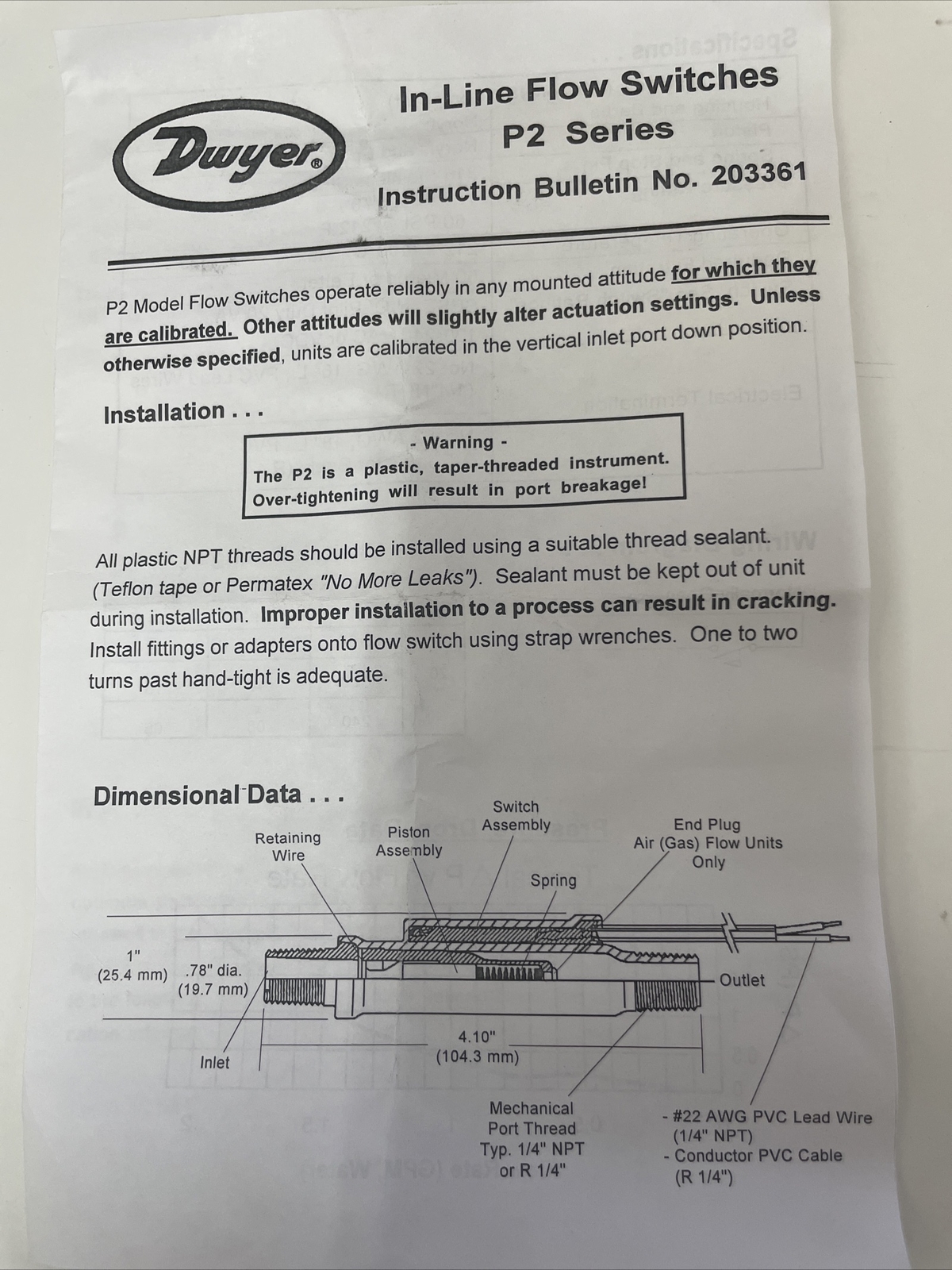 Inline flow switch Dwyer P2-13