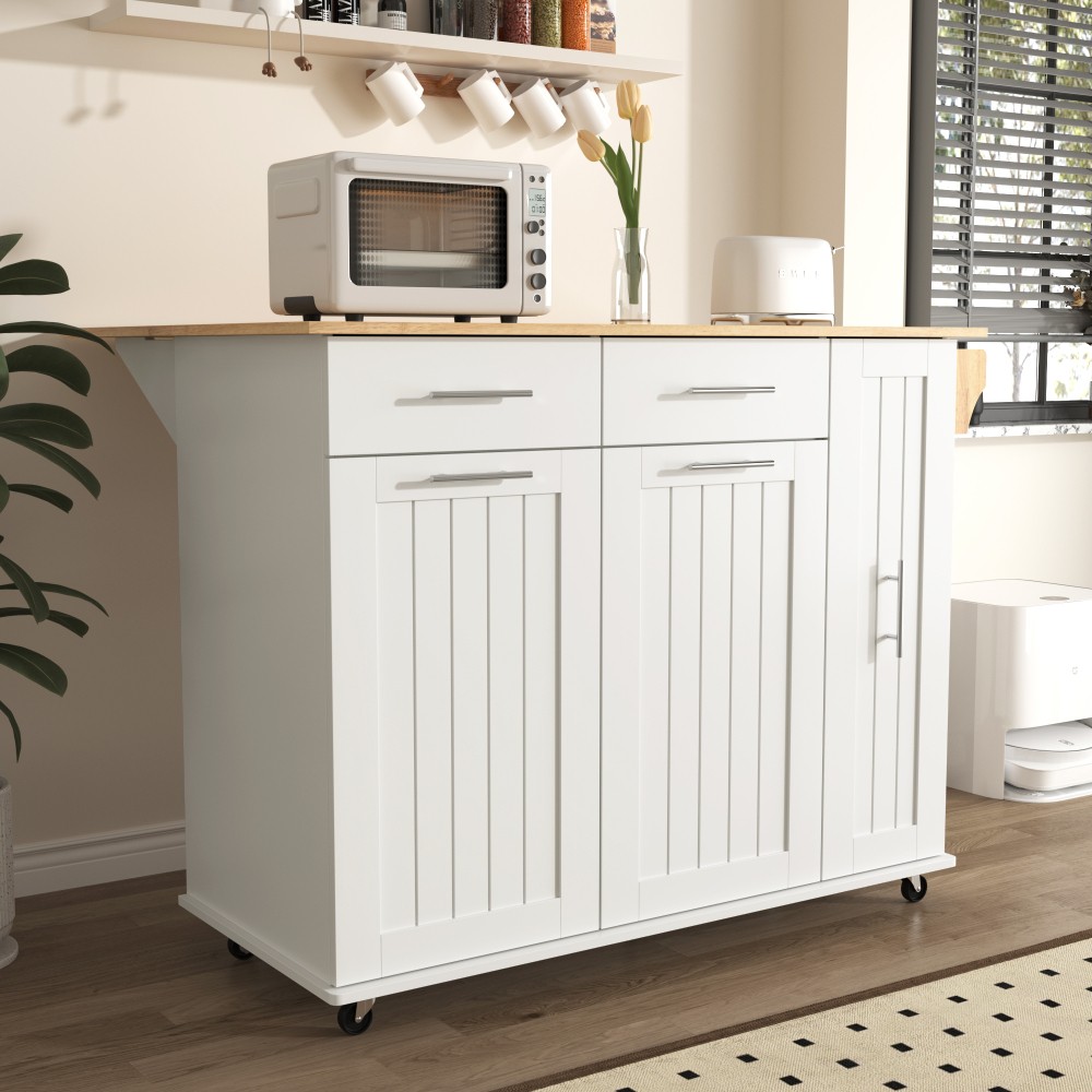 Kitchen Island with Drop Leaf with 3 Tier Pull Out Cabinet Organizer, White