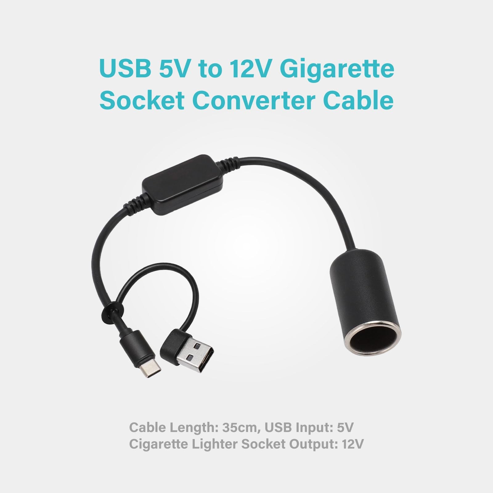 PERNIS USB to Cigarette Lighter Adapter, 35cm Cable, A & C Input black