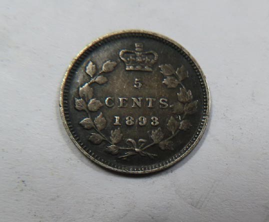 Canada Queen Victoria Sterling Silver 5 cents 1893 Nice Toned VF SCARCE