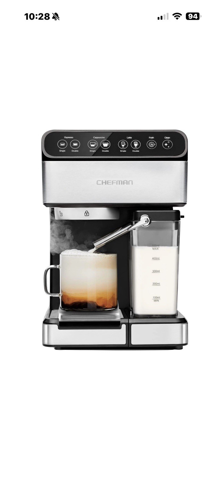 CHEFMAN 6-In-1 Espresso Machine with Built-In Milk Frother, 15-BARPUMP, Silver