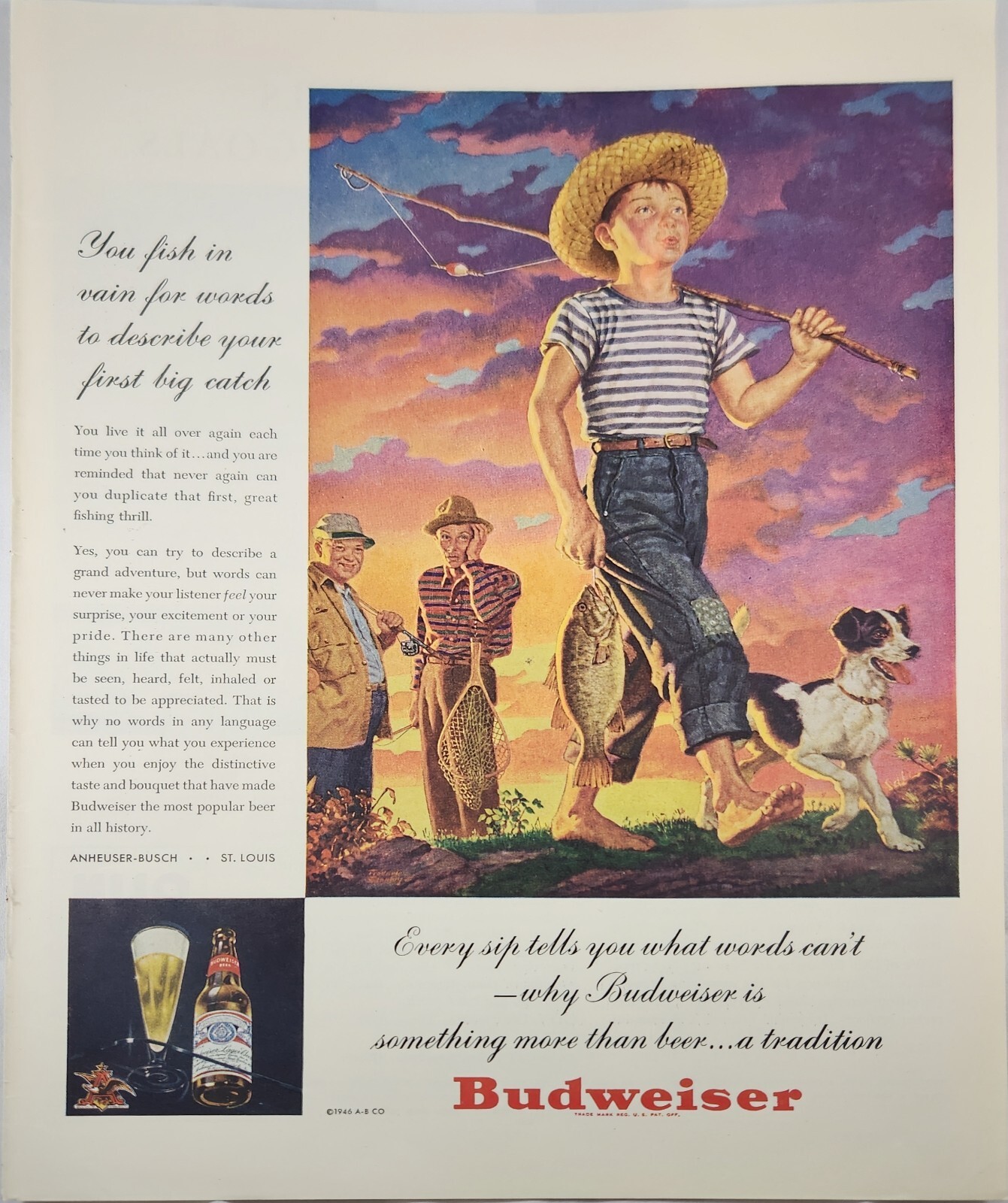 1946 Budweiser Beer Vintage Ad you fish in vain for words to describe