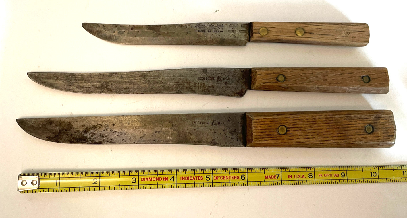 3 Vtg Carbon Steel  Knives 2 Ekco Forge Made in USA 6"  1 Ontario 4.5" TruEdge