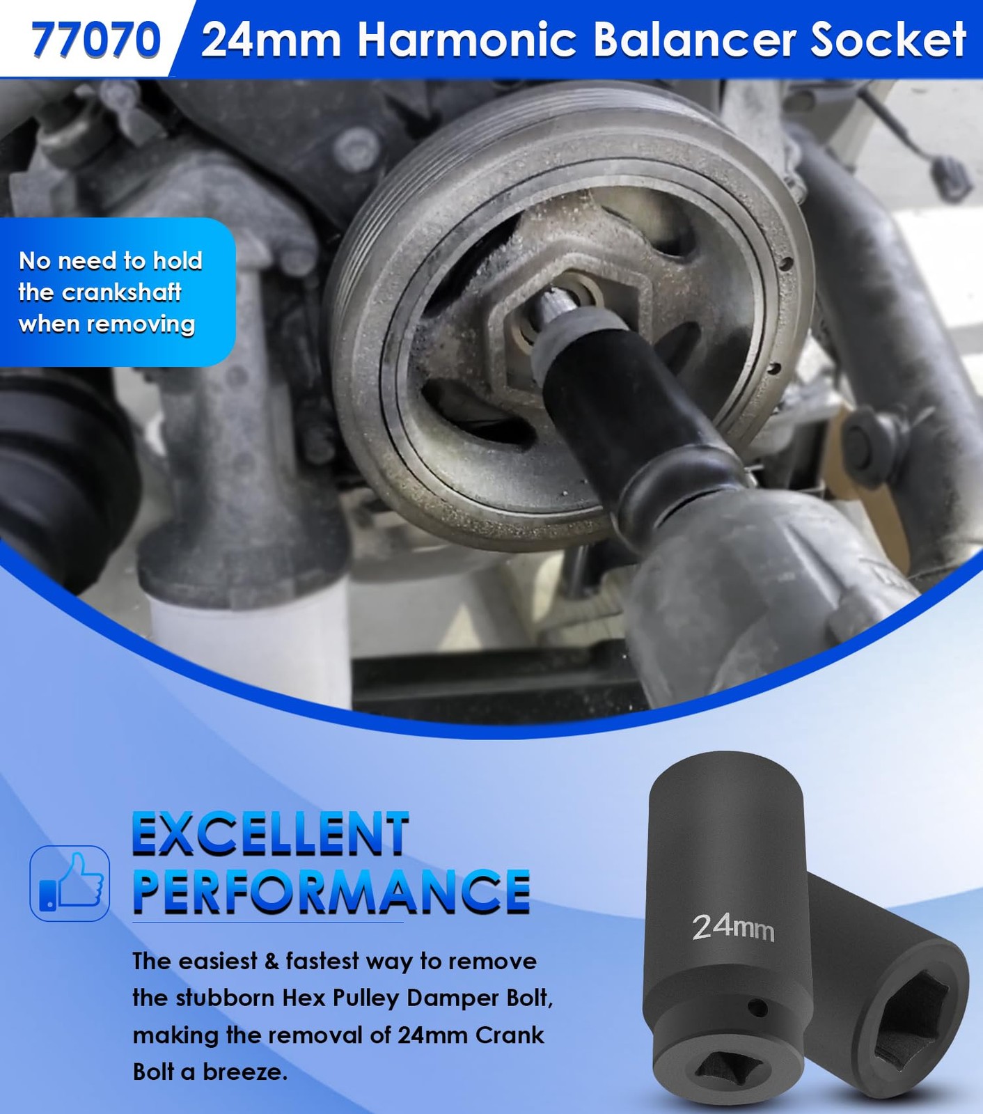 For GM LS 24mm Crank Bolt Socket 77070 Harmonic Balancer Socket Tool, 3 Times Mo