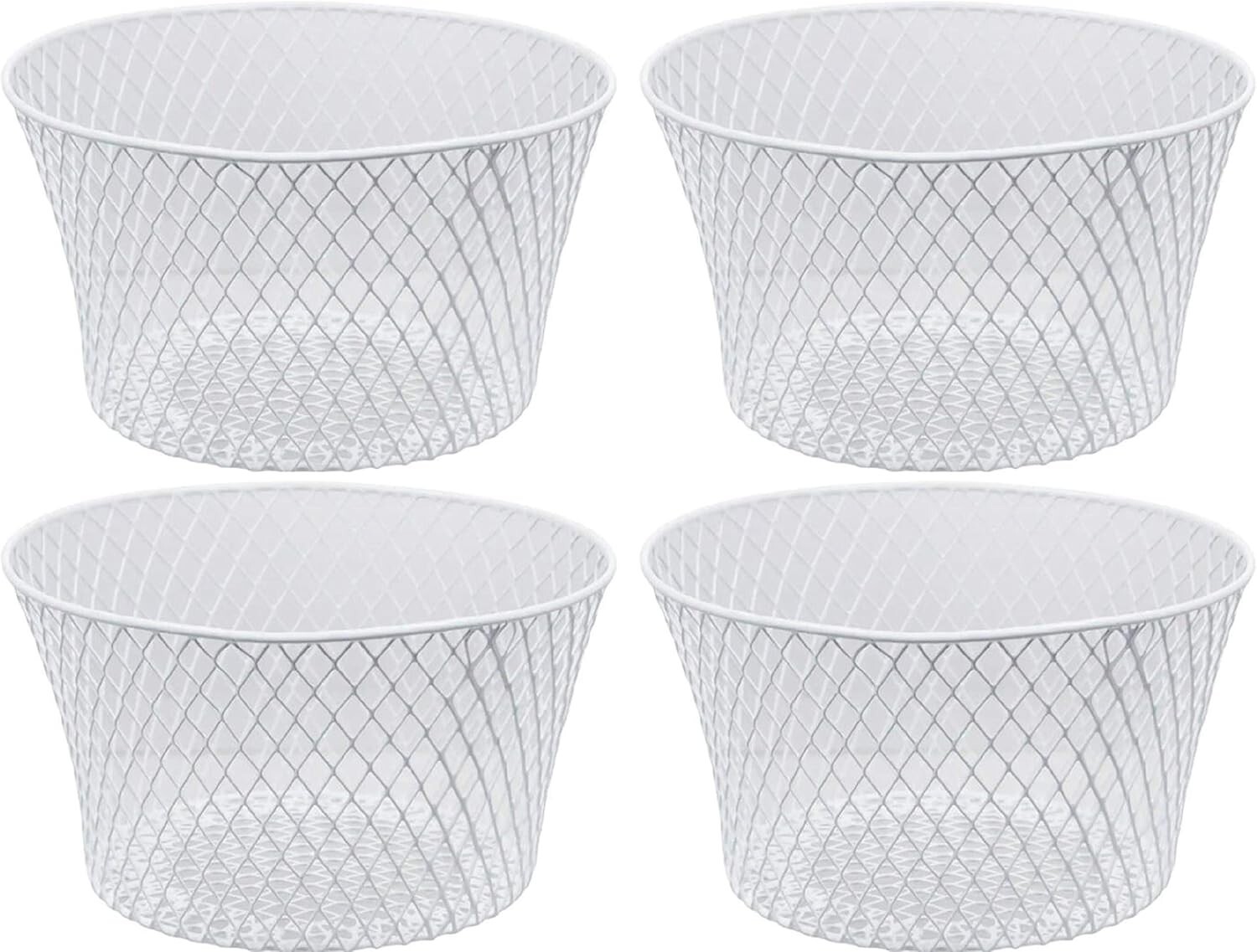 (4) White Small Metal Rectangular Oval & round Wire Baskets Handles