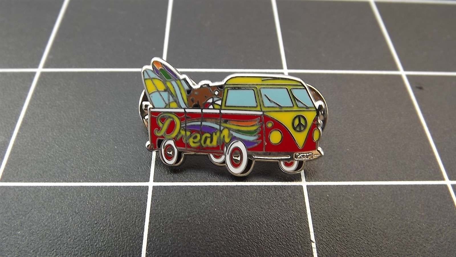 FREE SHIP Lapel Pin VW " SURFING HIPPY BUS " ENAMELED LIFETIME GUARANTEE