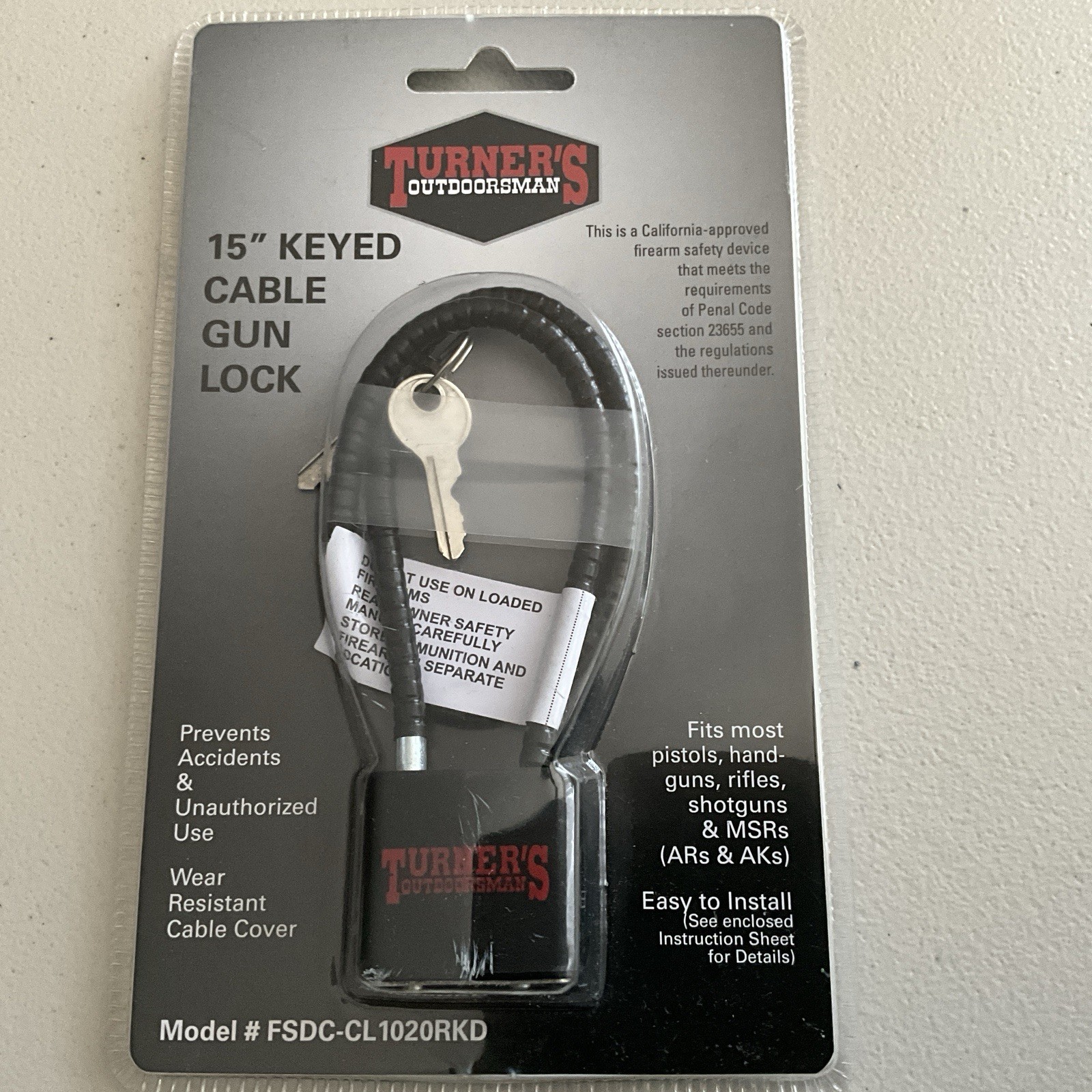 Turner's 15" Keyed Cable Lock California CA Approved Pistols Rifles Shotguns ARs