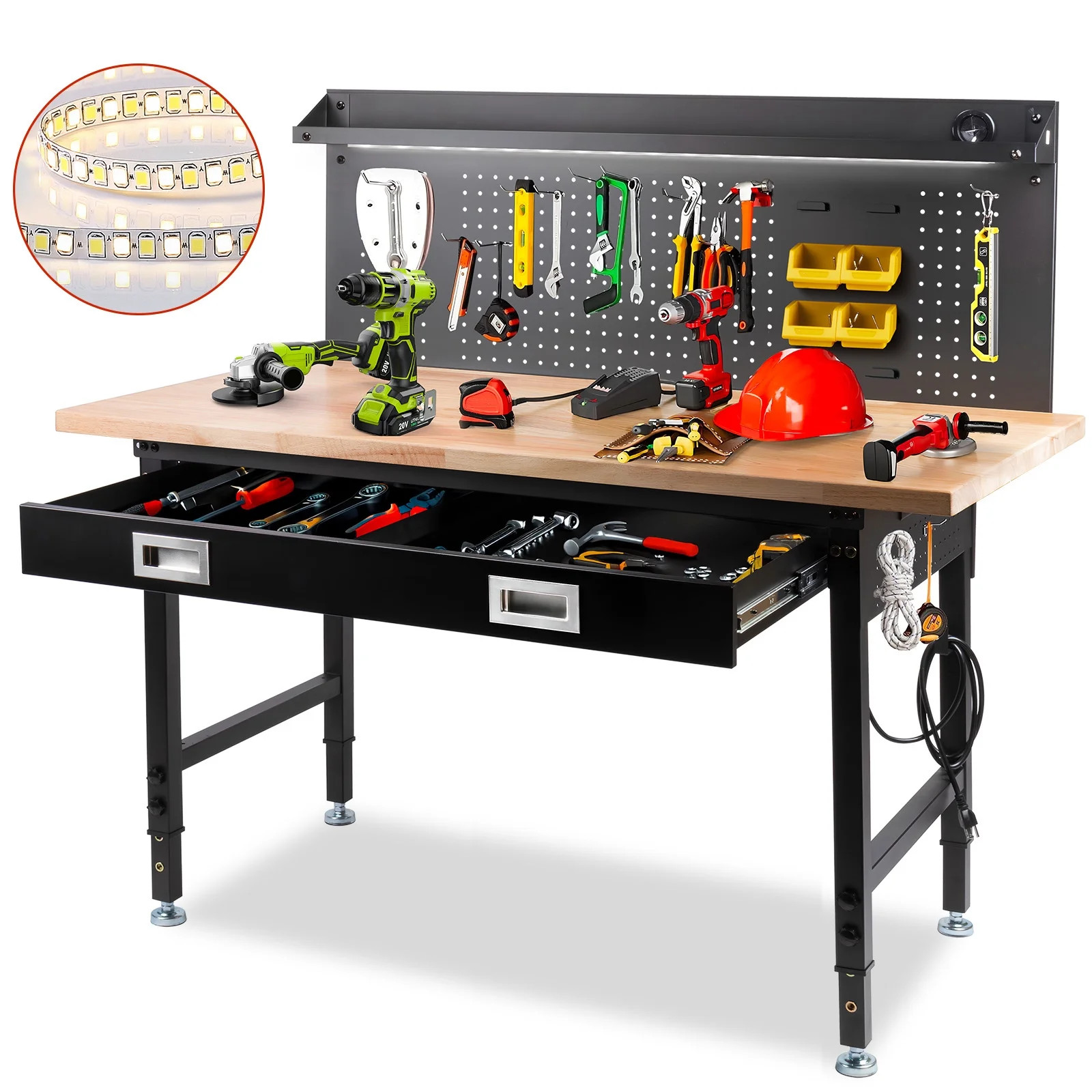 Heavy Duty Garage Workbench Pegboard Power Outlets Led Light Adjustable Height