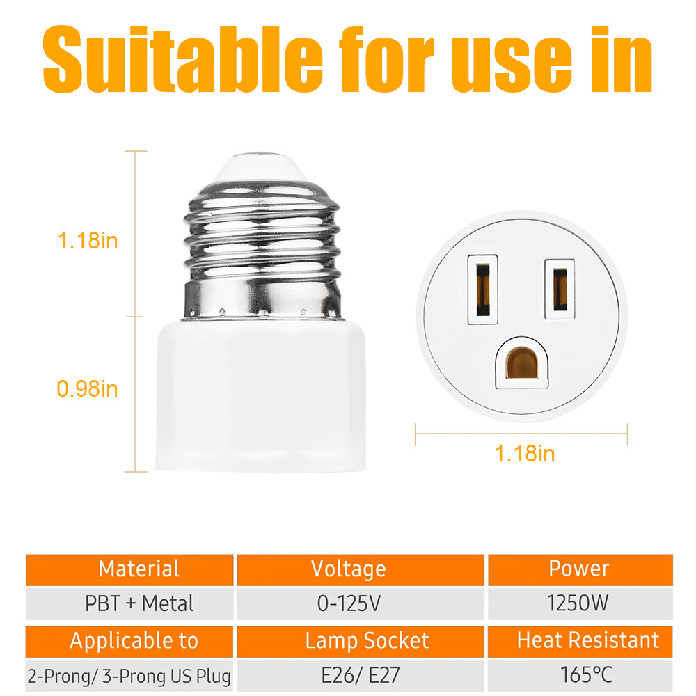 4Pcs E26/E27 3 Prong Light Bulb Socket to Plug Adapter Polarized Screw in Outlet
