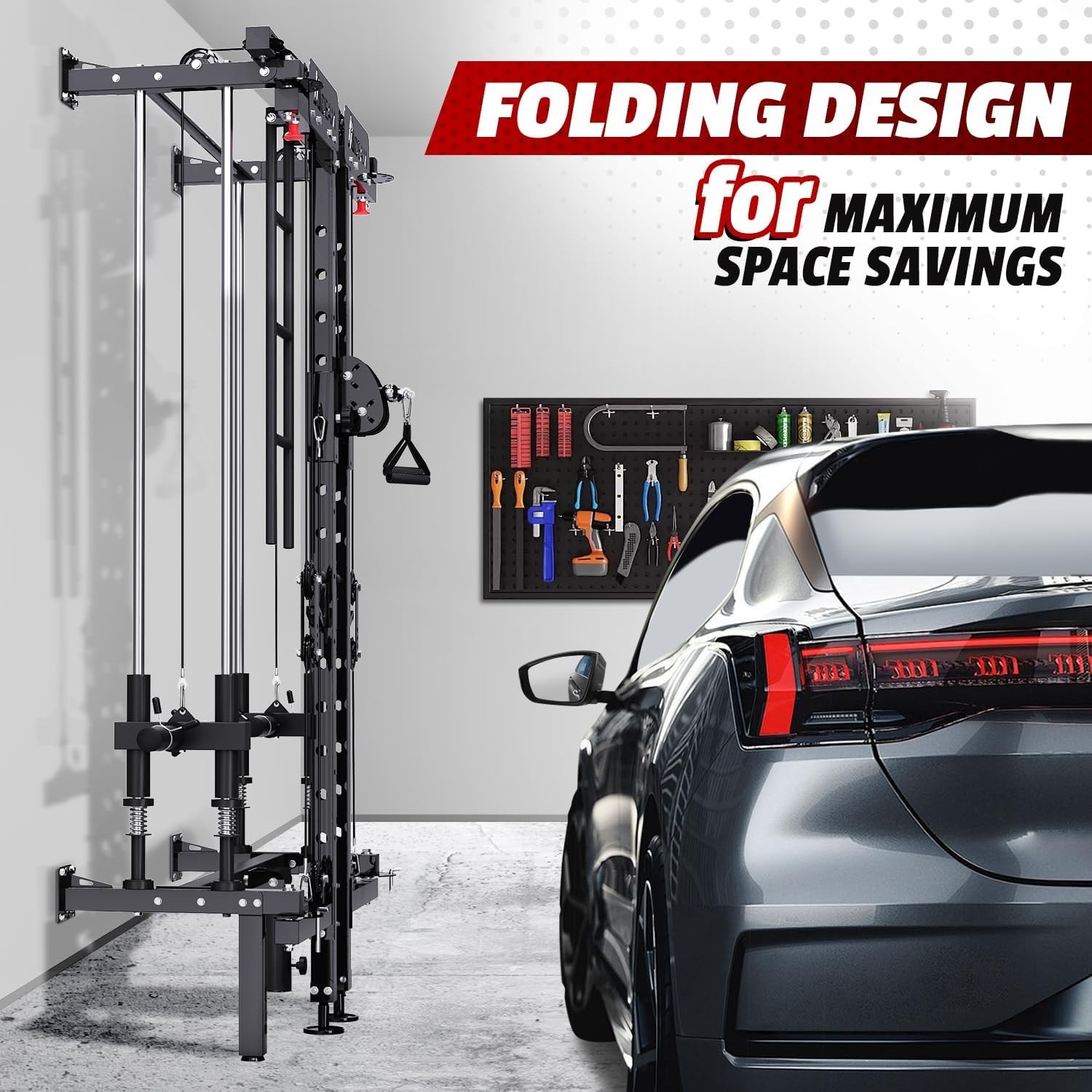 Folding Power Rack Wall Mounted Squat Rack with Cable Crossover Machine & LA...