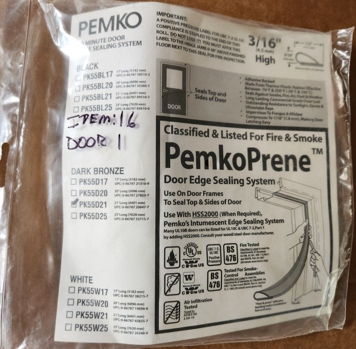 Pemko PK55D21 Fire & Smoke Door Edge Sealing Gasket 21' Dark Bronze PemkoPrene