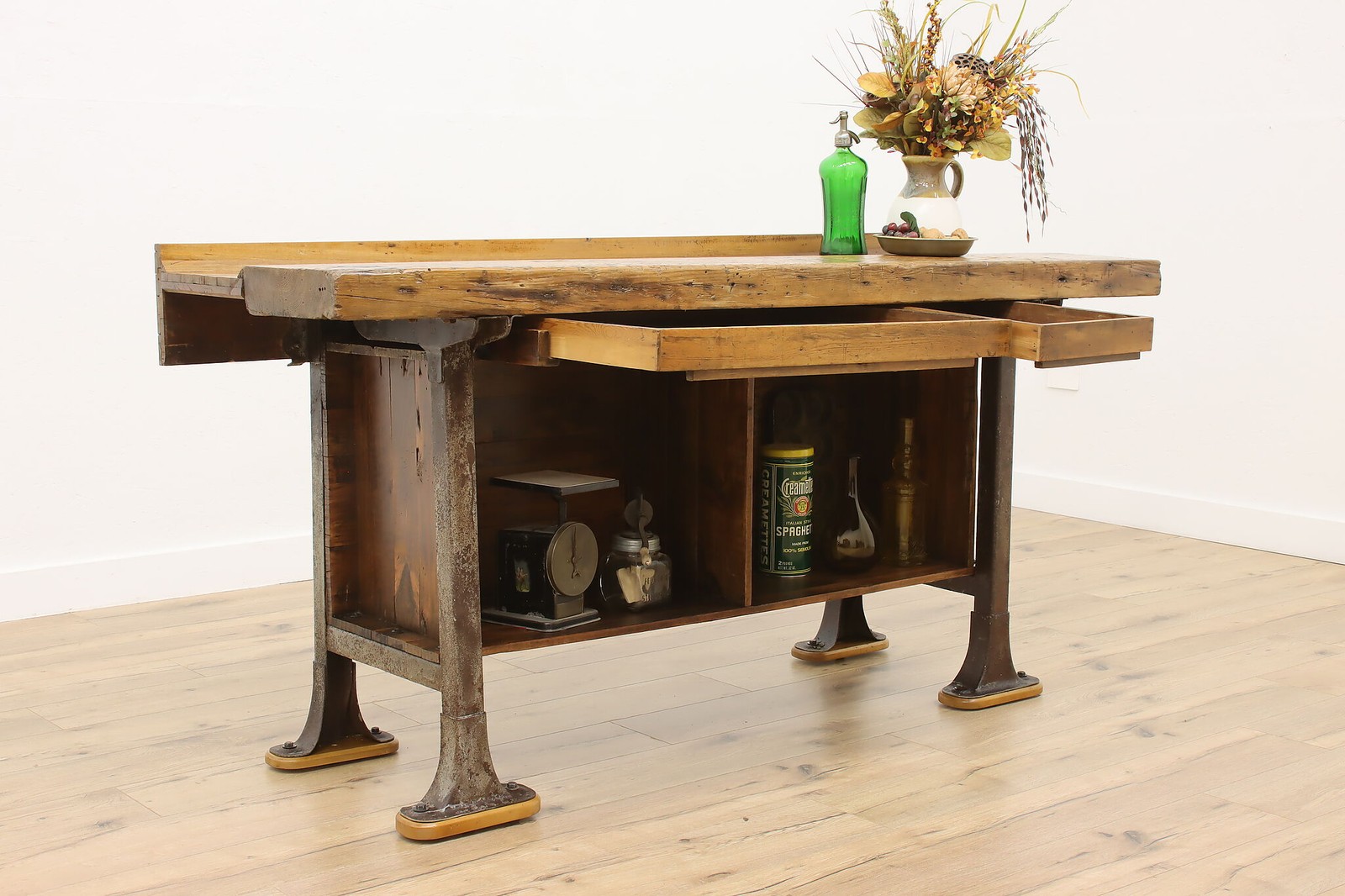 Industrial Antique Elm Workbench Wine Table Kitchen Island #55902