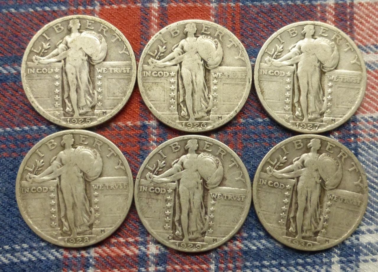 Run of 6 Liberty Standing 90% Silver Quarters, 1925-1930, P & D Mint, USA 25C