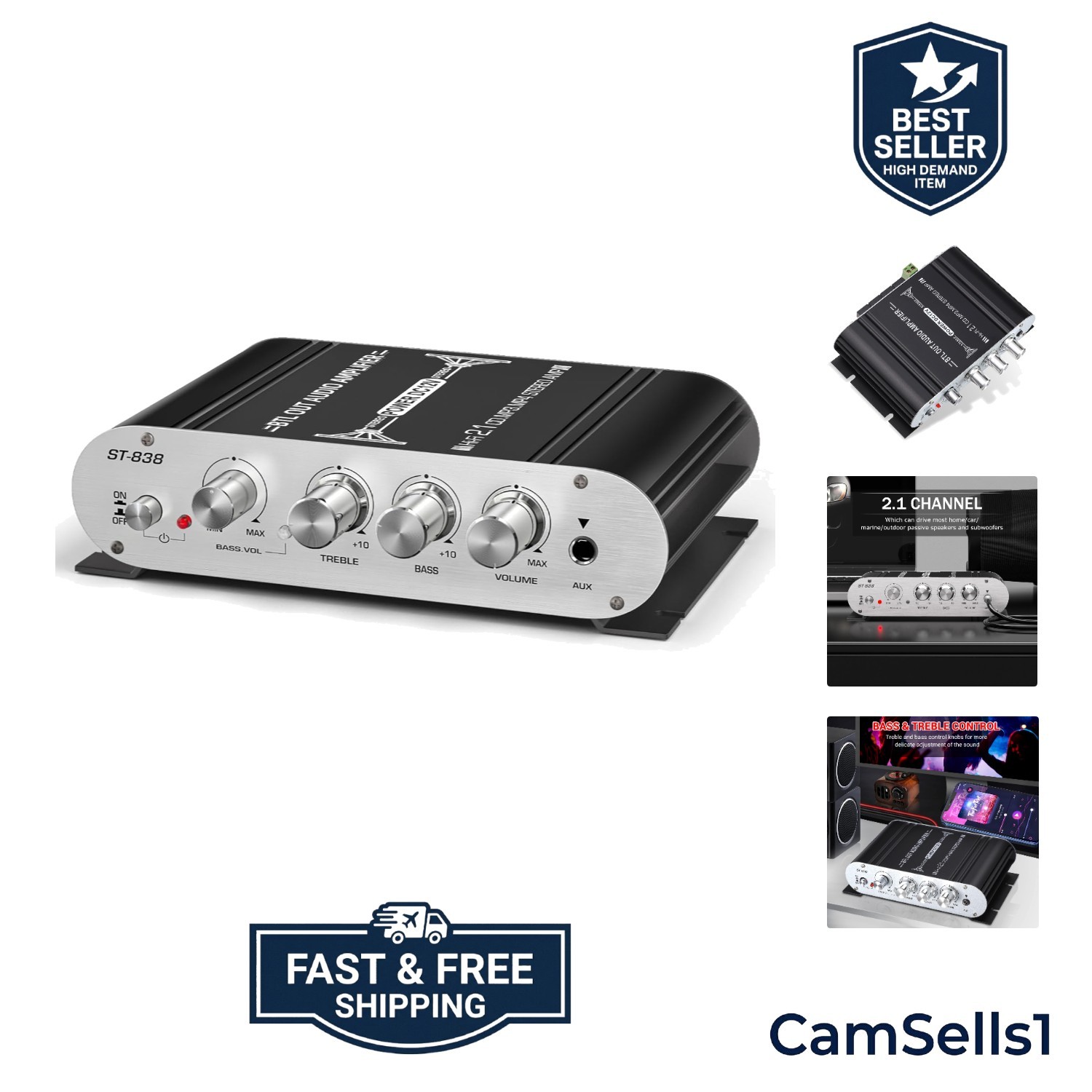 ST-838 2.1 Channel HiFi Stereo Subwoofer Amplifier, RMS 20Wx2+40W Mini Digita...