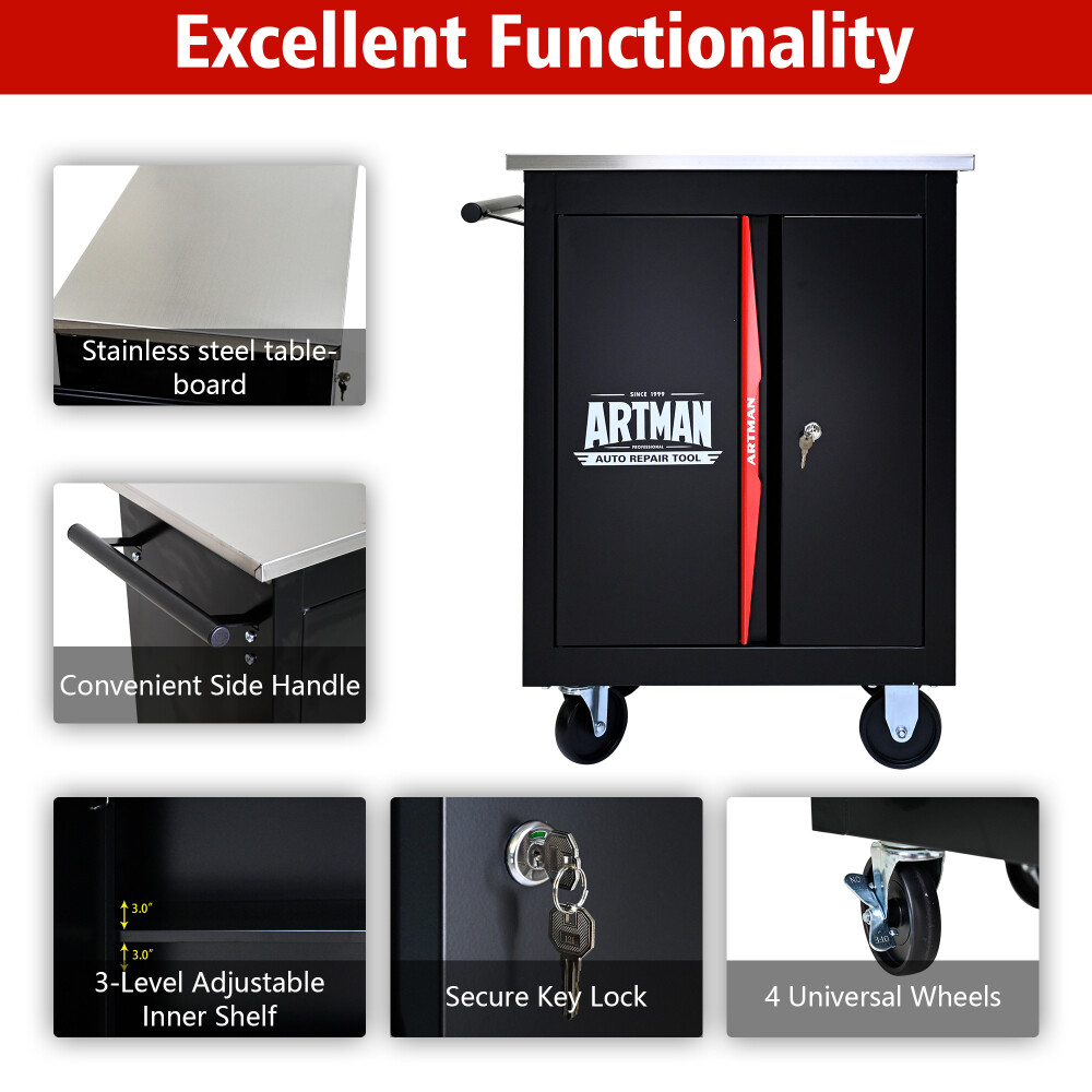 Double-Door Clapboard Multi-Function Tool Cart with Metal Back Panel & Wheels