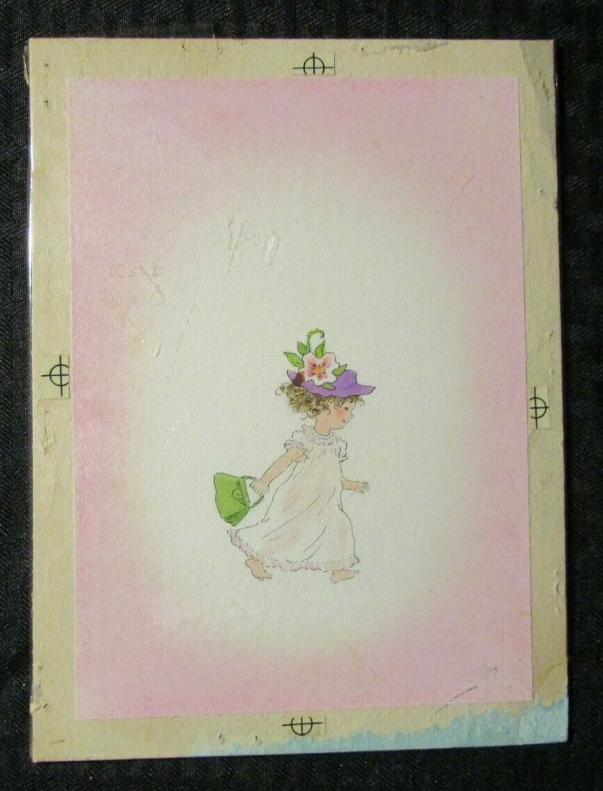 EASTER Girl in Pink Dress & Purple Bonnet 6.25x8.5" Greeting Card Art #1687