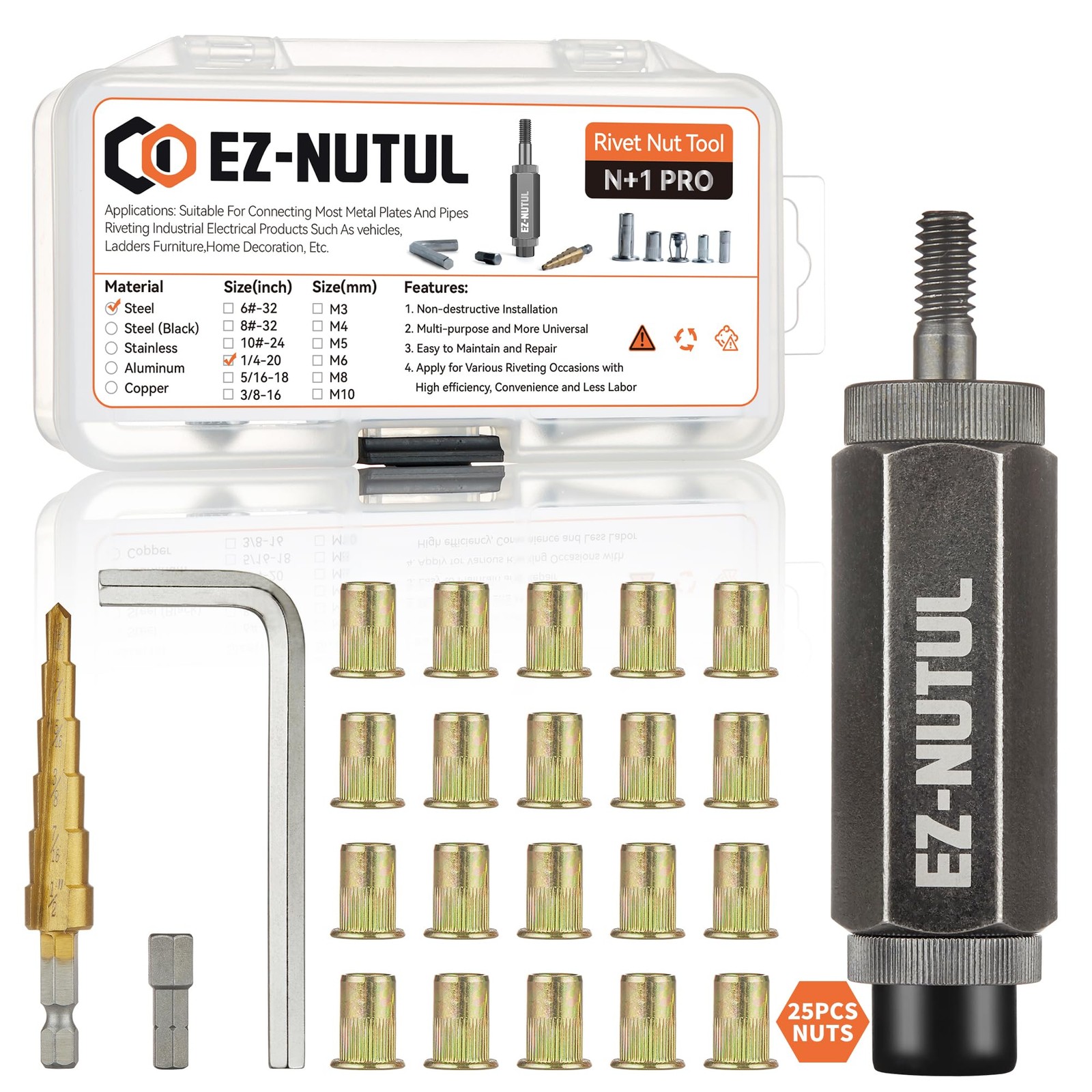Rivet Nut Installation Tool Set Flat Head Rivnut Threaded 1/4"-20, silver