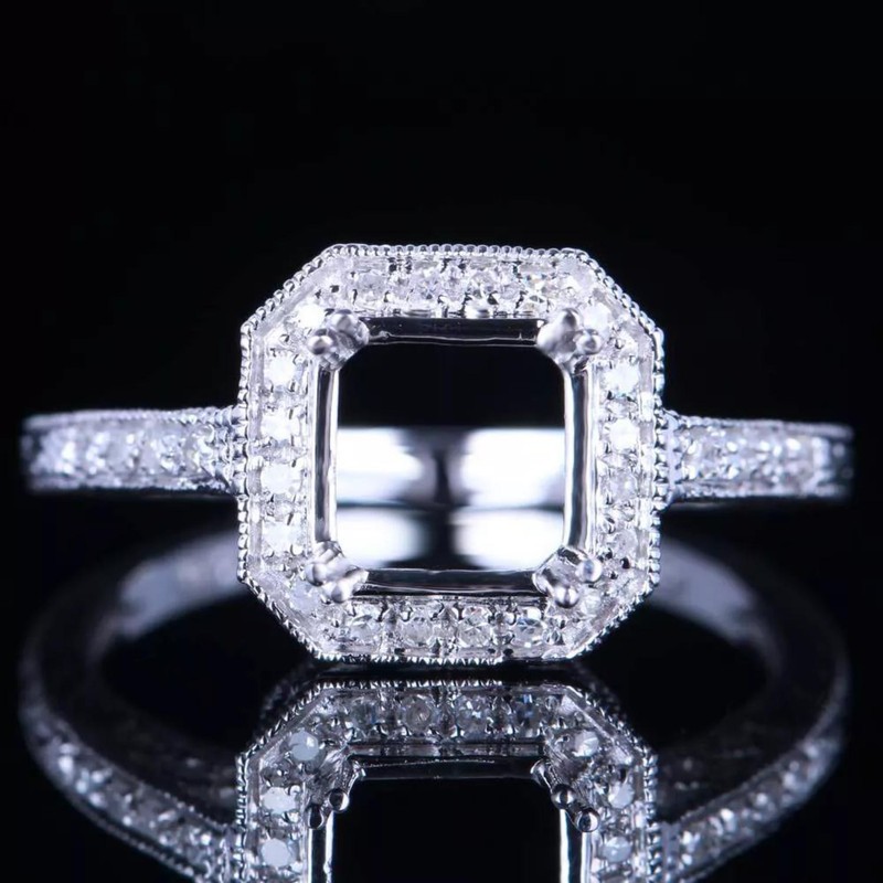 7mm Cushion Shape Semi Mount Ring 925 Sterling Silver Halo Women Engagement Ring
