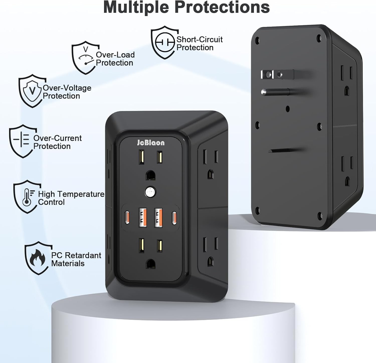 6 Outlet Surge Protector Wall Adapter – Multi Plug Extender w/4 USB Ports, Black