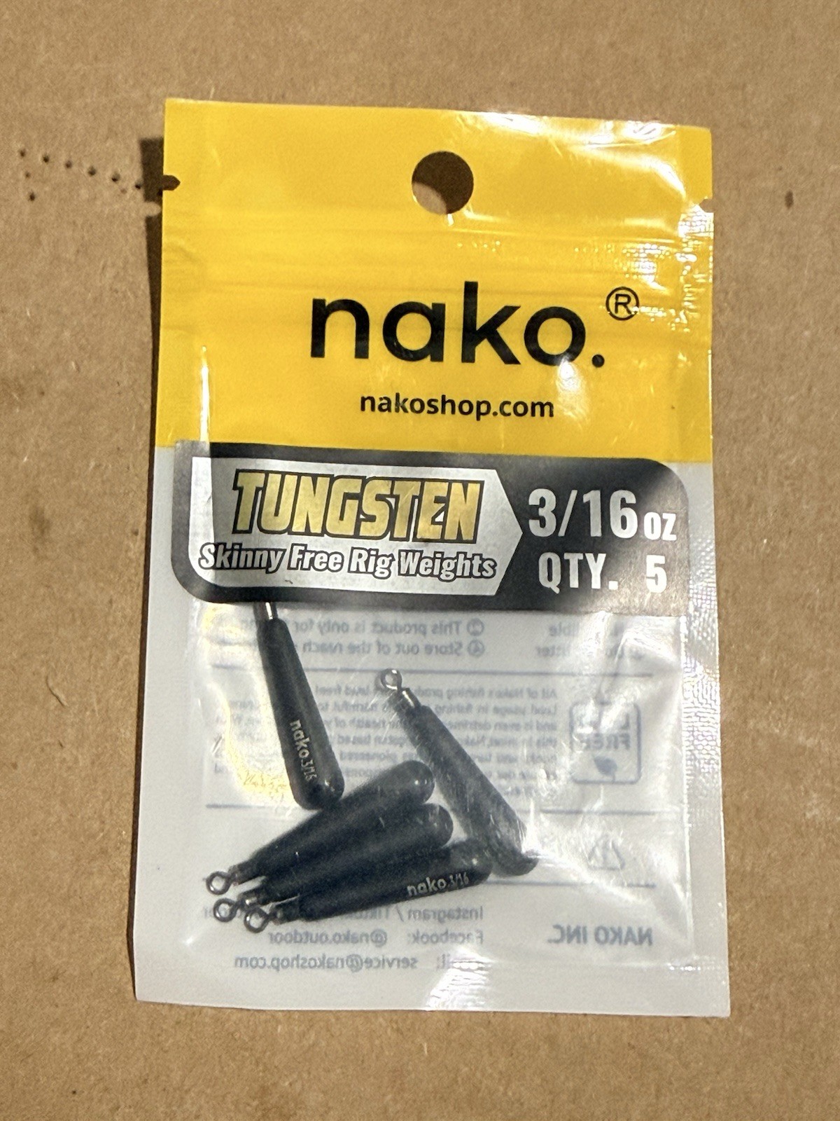 Nako Tungsten Skinny Drop Shot Weight No Chip Black 5 Package; 3/16 Oz