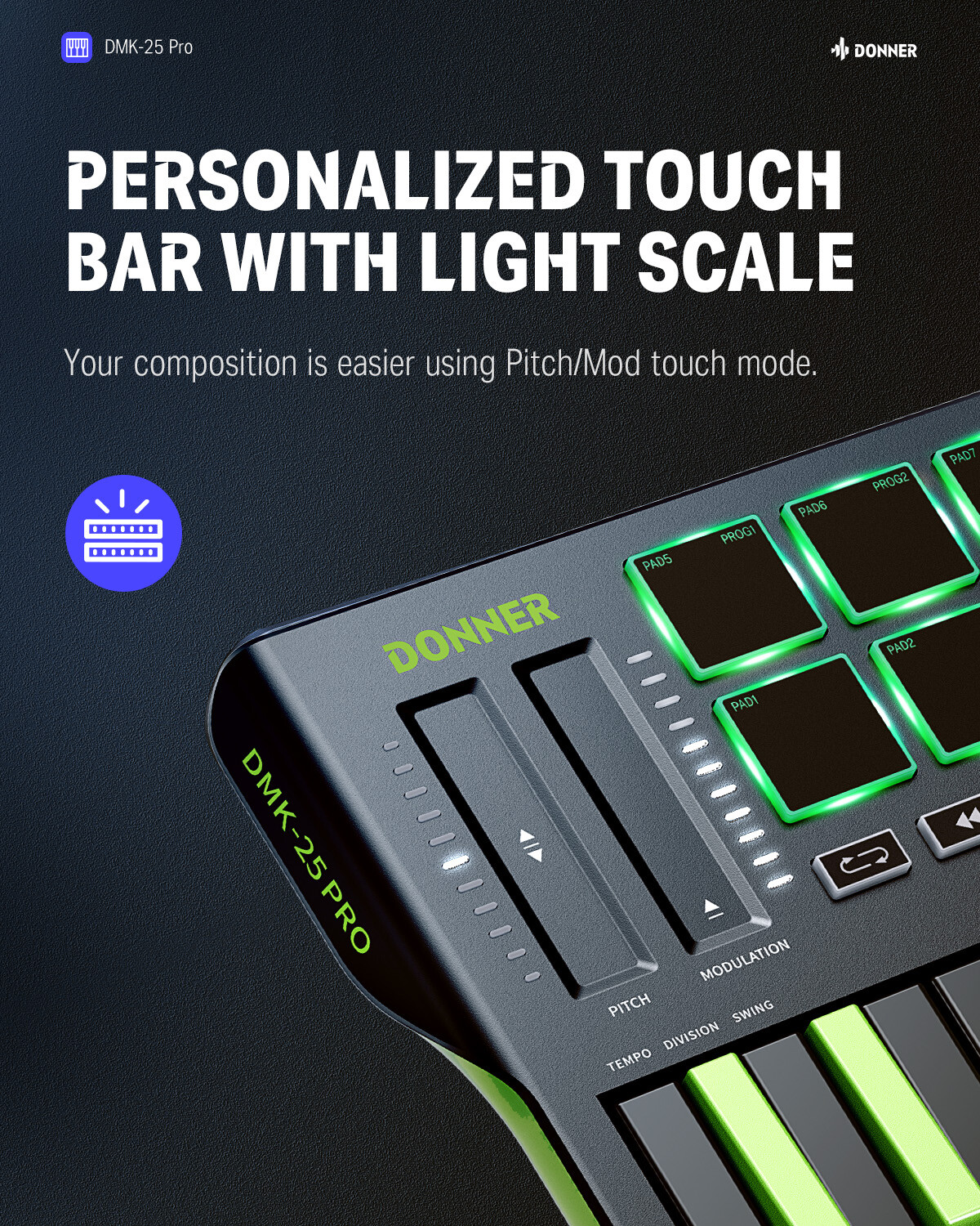 🎹 Donner DMK25 Pro MIDI Keyboard DJ Controller OLED 25 Key 8 Drum Pad Touch Bar