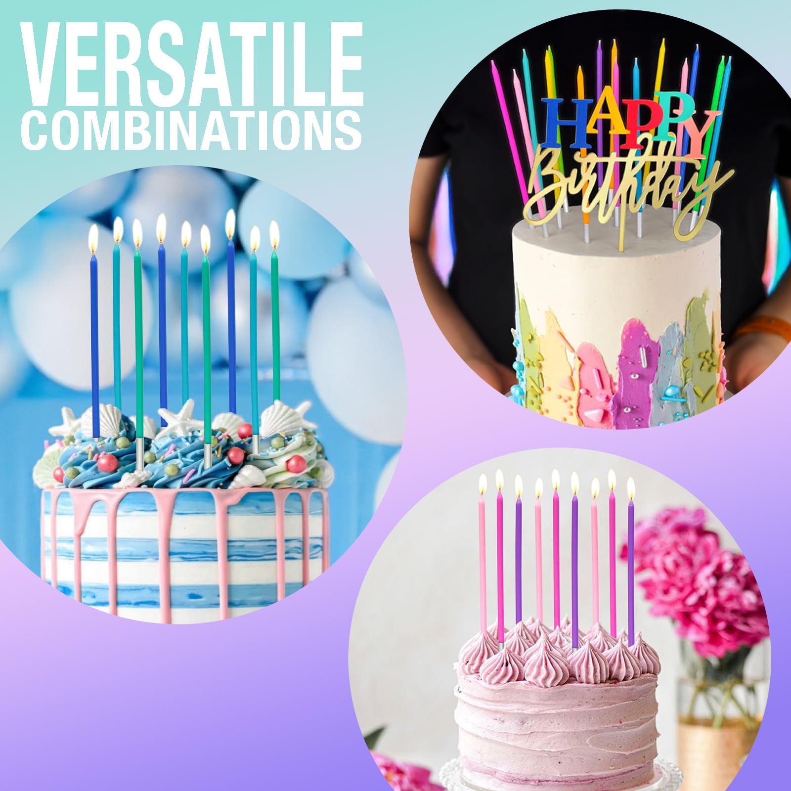 Apluselection 40-Count Rainbow Birthday Candles, Tall Thin Birthday Cake Can...