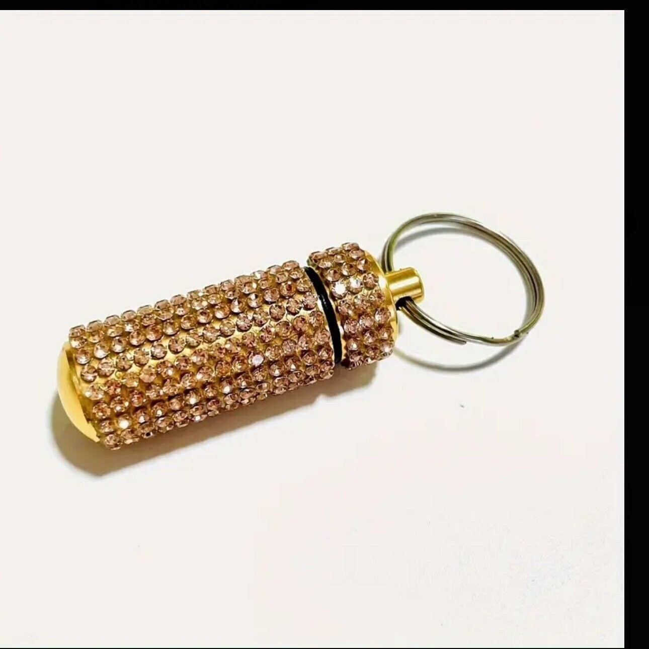 Rose Gold Champagne Crystal Bottle Keychain Bling Container Portable Box Ring