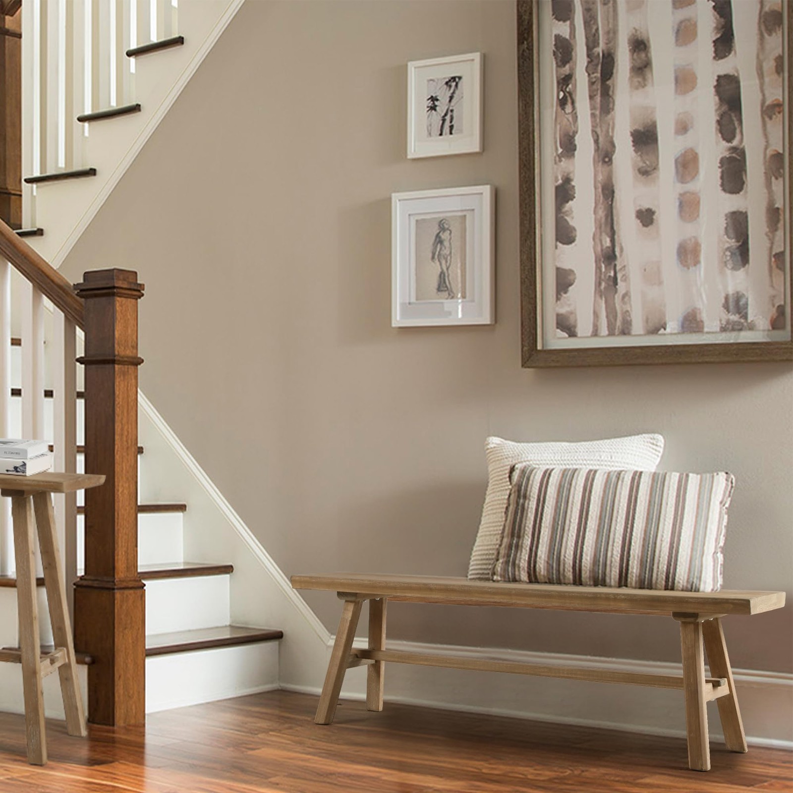 55 Inch Farmhouse Solid Wood Bench Rustic Dining Entryway Natural Easy Assembly