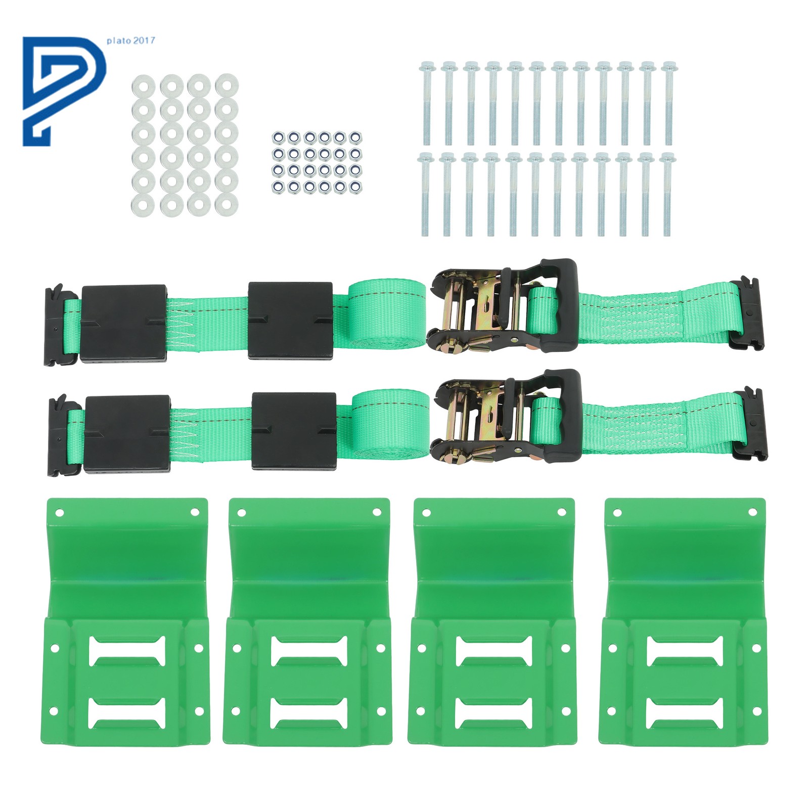 (2) 8' Heavy Duty Trailer Tire Ratchet Straps (4) Wheel Chocks Green