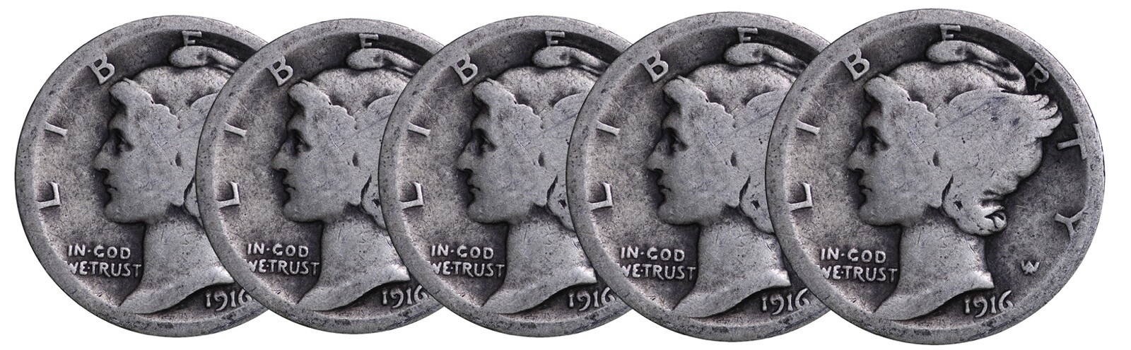 (5 PC. LOT) 1916 Mercury Silver Dimes ABOUT GOOD (WHOLESALE LOT!)