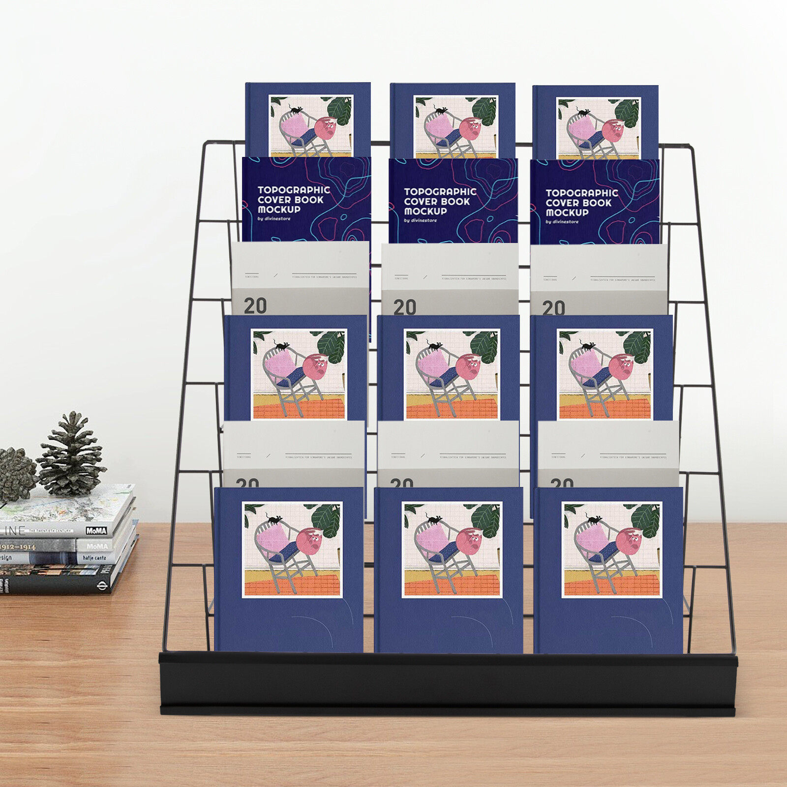 6-Tier Black Iron Tabletop Book & Magazine Rack Foldable Display Stand