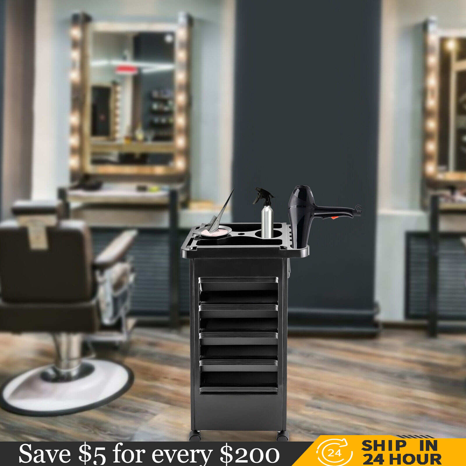 Salon Trolley Cart Hair Cart Rolling Organizer Mobile Barber Station w/5 Drawers