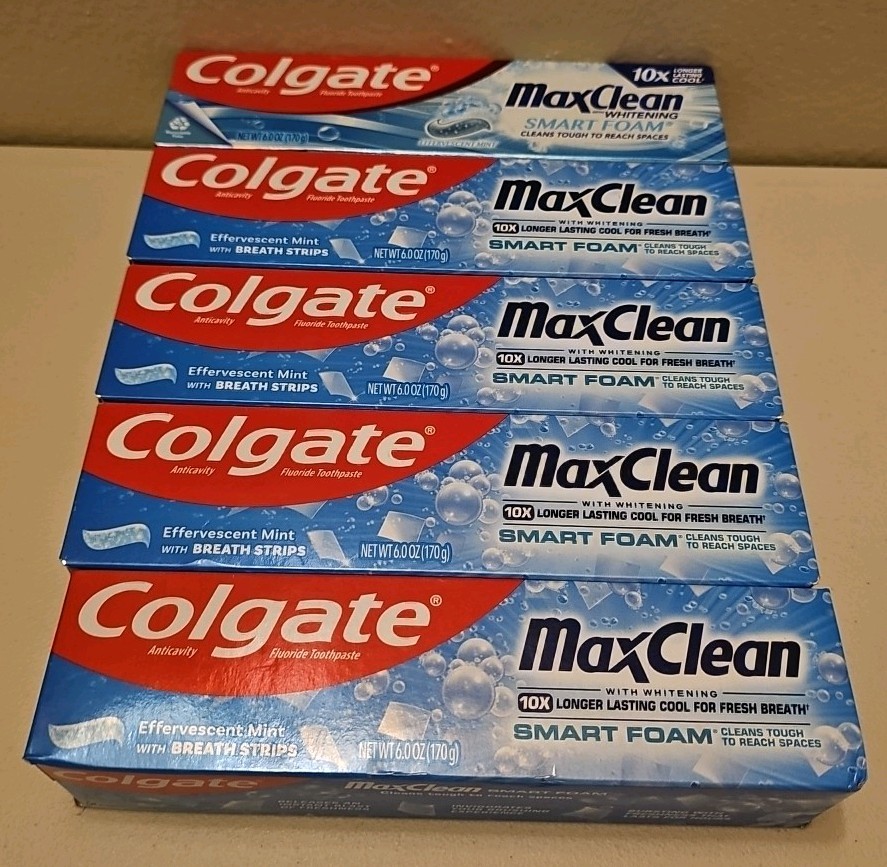 Colgate Max Clean Whitening Smartfoam Toothpaste 6.0 oz Lot Of 5