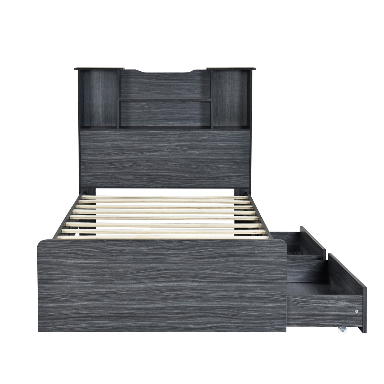 Twin Size Bed Frame Wood Platform Bed with Storage Shelves & Drawer & LED Light