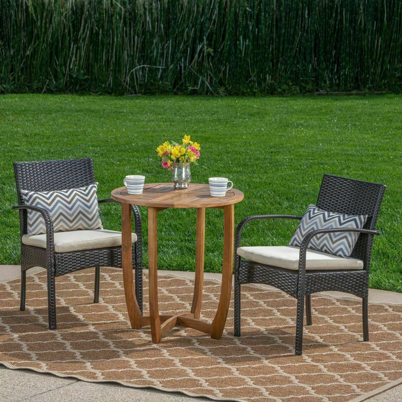 Jerica Outdoor 3 Piece Acacia Wood/ Wicker Bistro Set with Cushions, Teak Finish