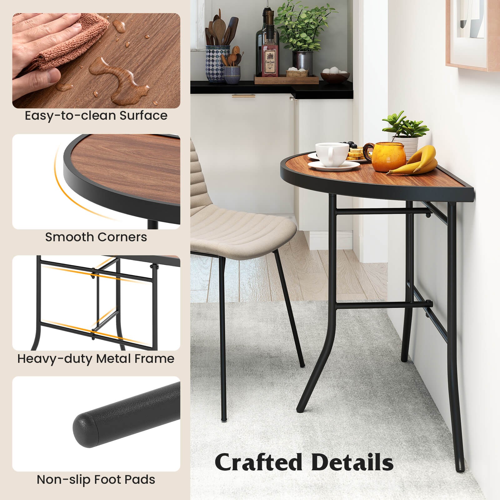 Half-Round Folding Event Table Foldable Banquet Table w/ Metal Frame Brown