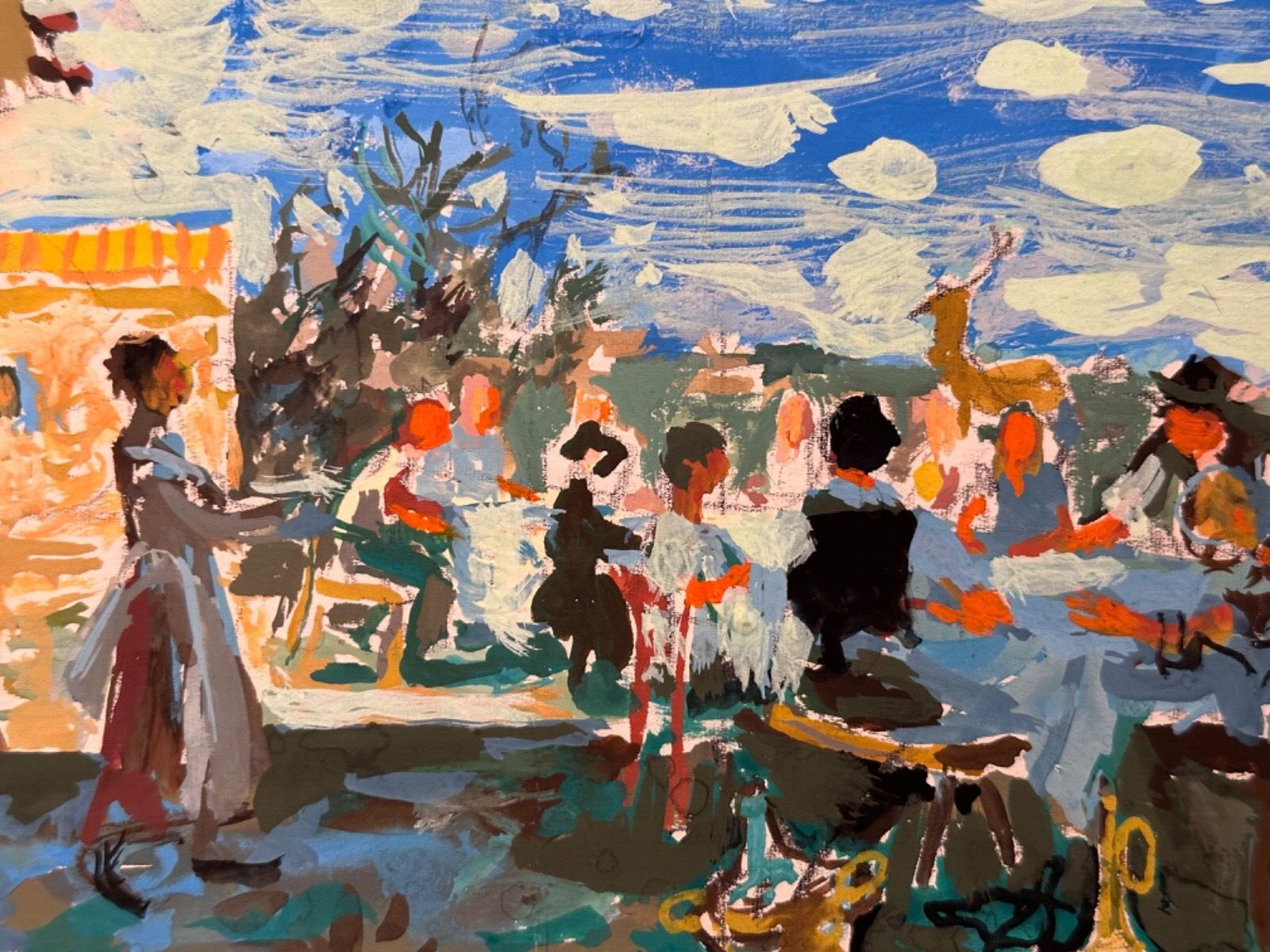 Jean Terles Original Gouache Painting Provencal Lively Rural Meal Banquet Music