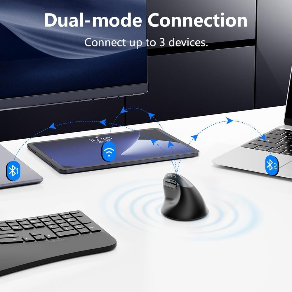 Iron Gray Wireless Vertical Mouse Silent Ergonomic with BT 5.2 USB Receiver