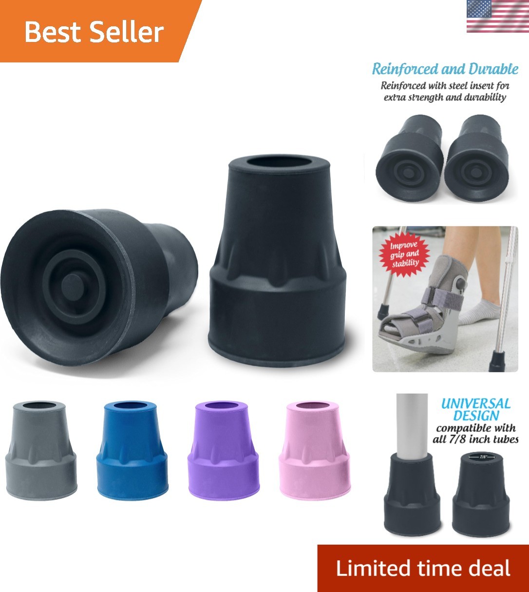 Versatile Rubber Crutch Tips with Steel Reinforcement - Perfect for 7/8" Tubes