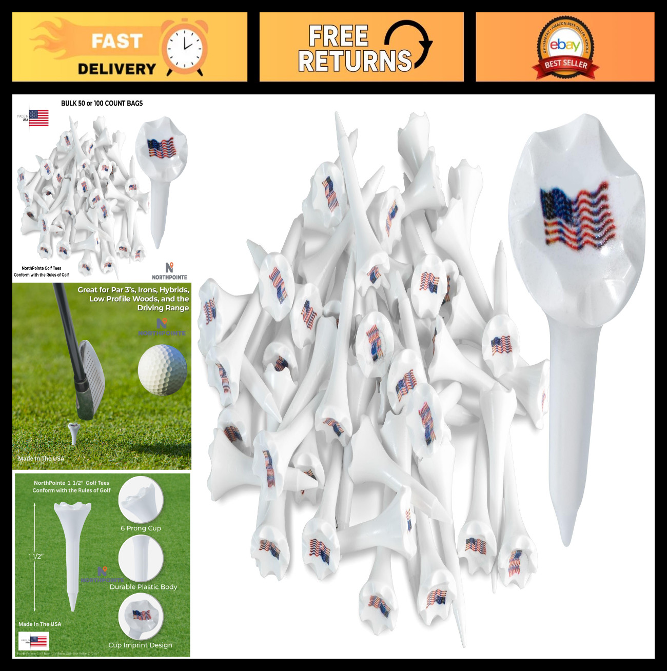Plastic Golf Tees 1.5” - Short Tees for Irons & Hybrids - Bulk Pack of 50/100 -