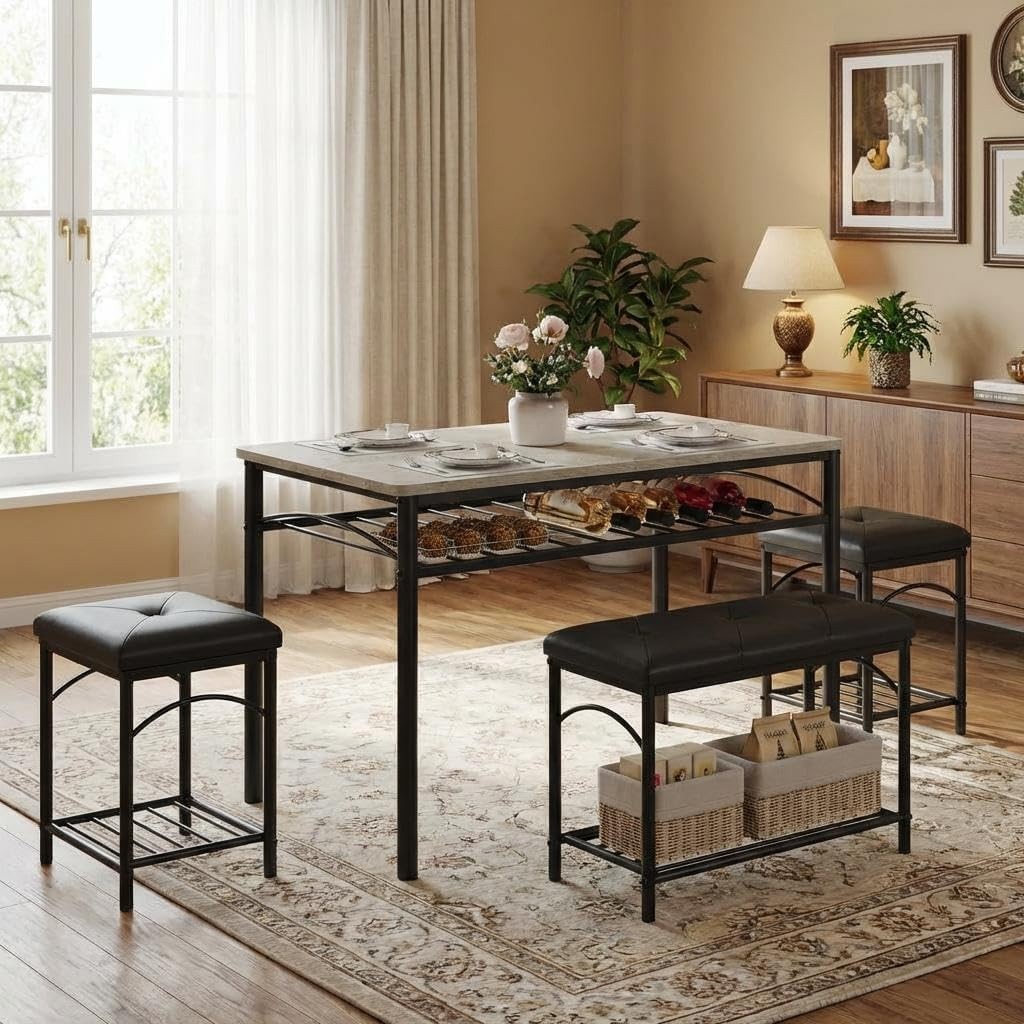 Dining Table Set 4 W/ Upholstered Benches & 2 Stools Modern Space Saving Kitchen