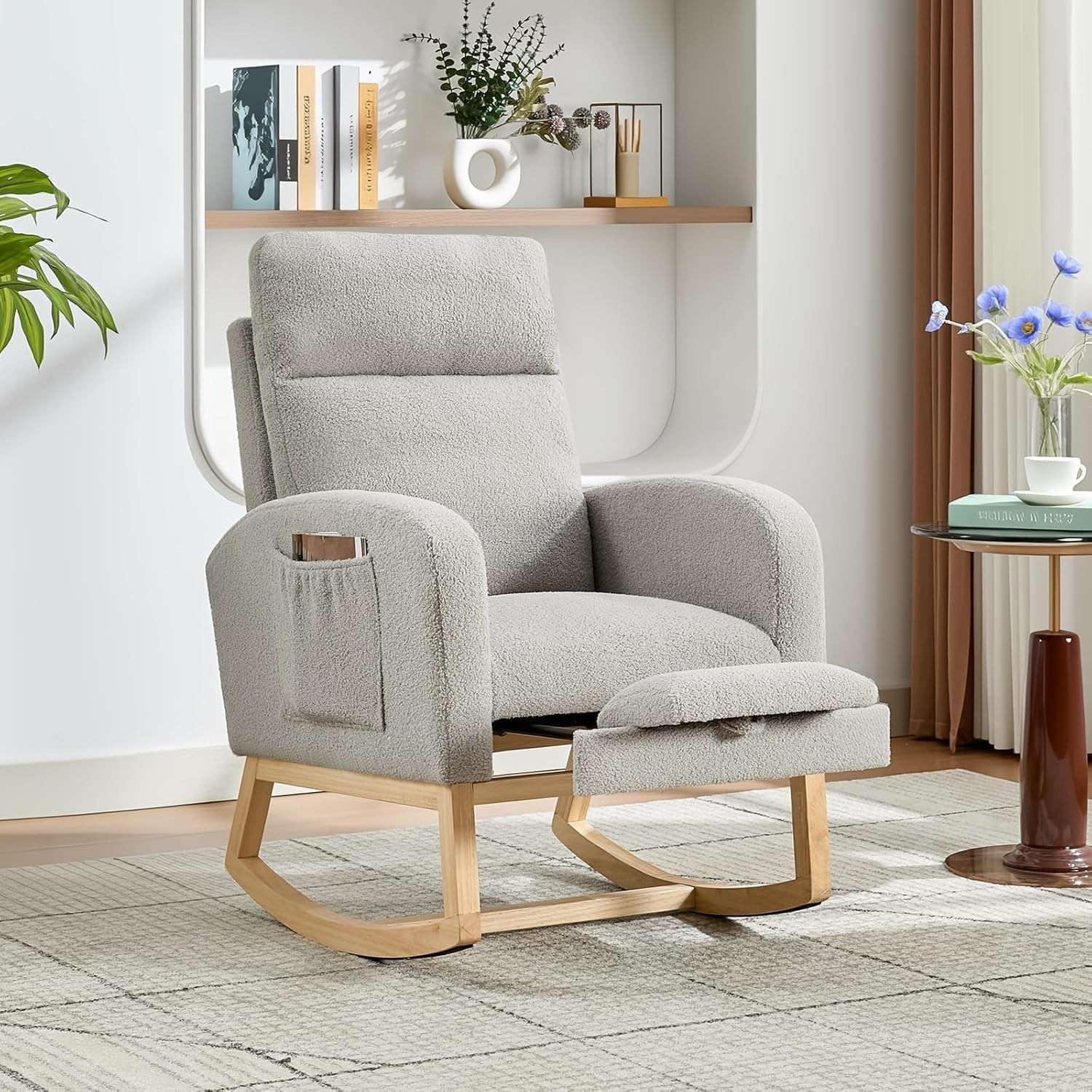 Gray Rocking Armchair,Velvet High Back Chair w Adjustable Footrest & Side Pocket