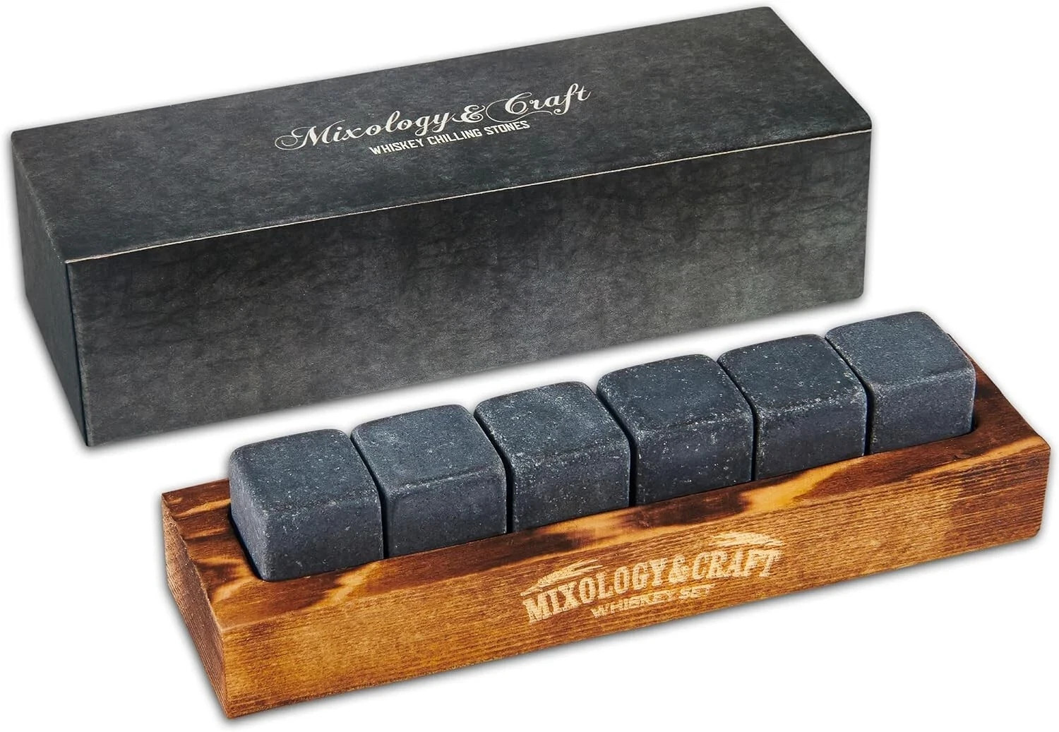 Mixology & Craft Whiskey Chilling Stones Set Of 6 With Wooden Holder Brand New