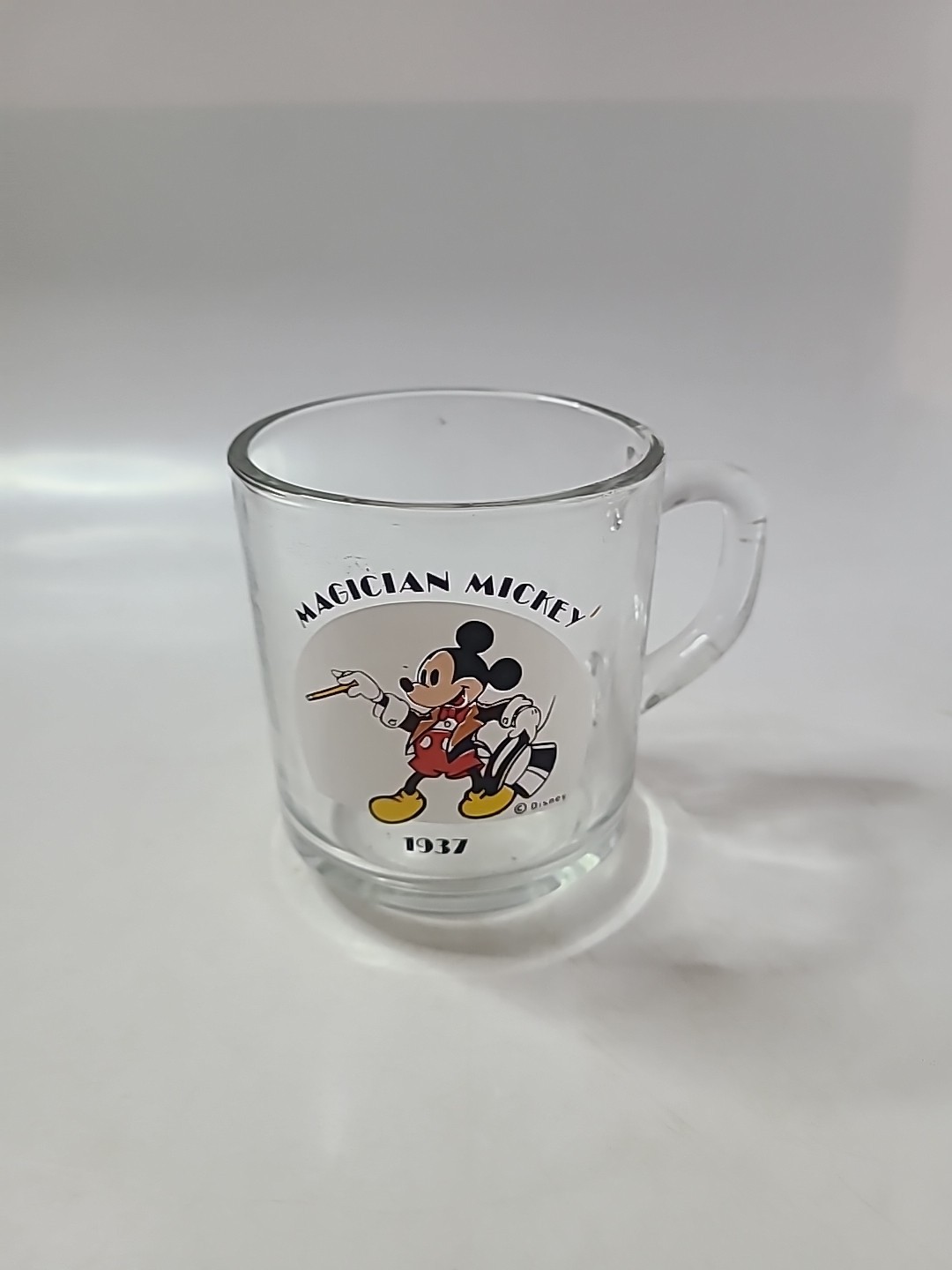 Vtg Magician Mickey Mouse Cup - 1937 Walt Disney Clear Glass Mug - USA - Cartoon