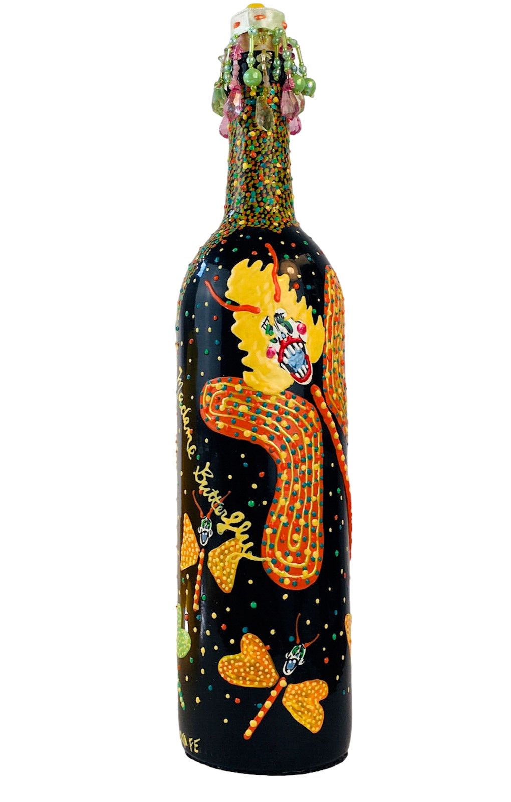 Handpainted Folk Art Bottle 'Day of The Dead & Madame Butterfly' Halloween OOAK