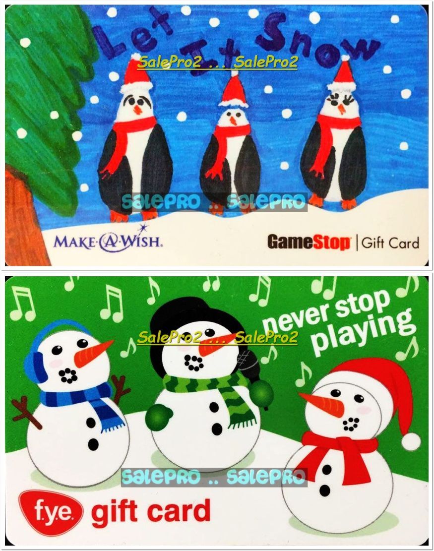 2x F.Y.E USA GAMESTOP MAKE A WISH PENGUINS LET IT SNOW COLLECTIBLE GIFT CARD LOT