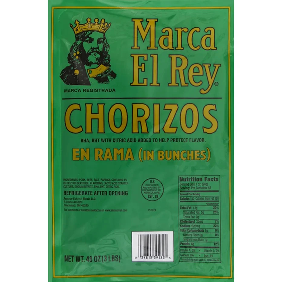 Marca El Rey Pork Chorizo Sausage (3lb Pack En rama [IN BUNCHES]) - 2 Bags