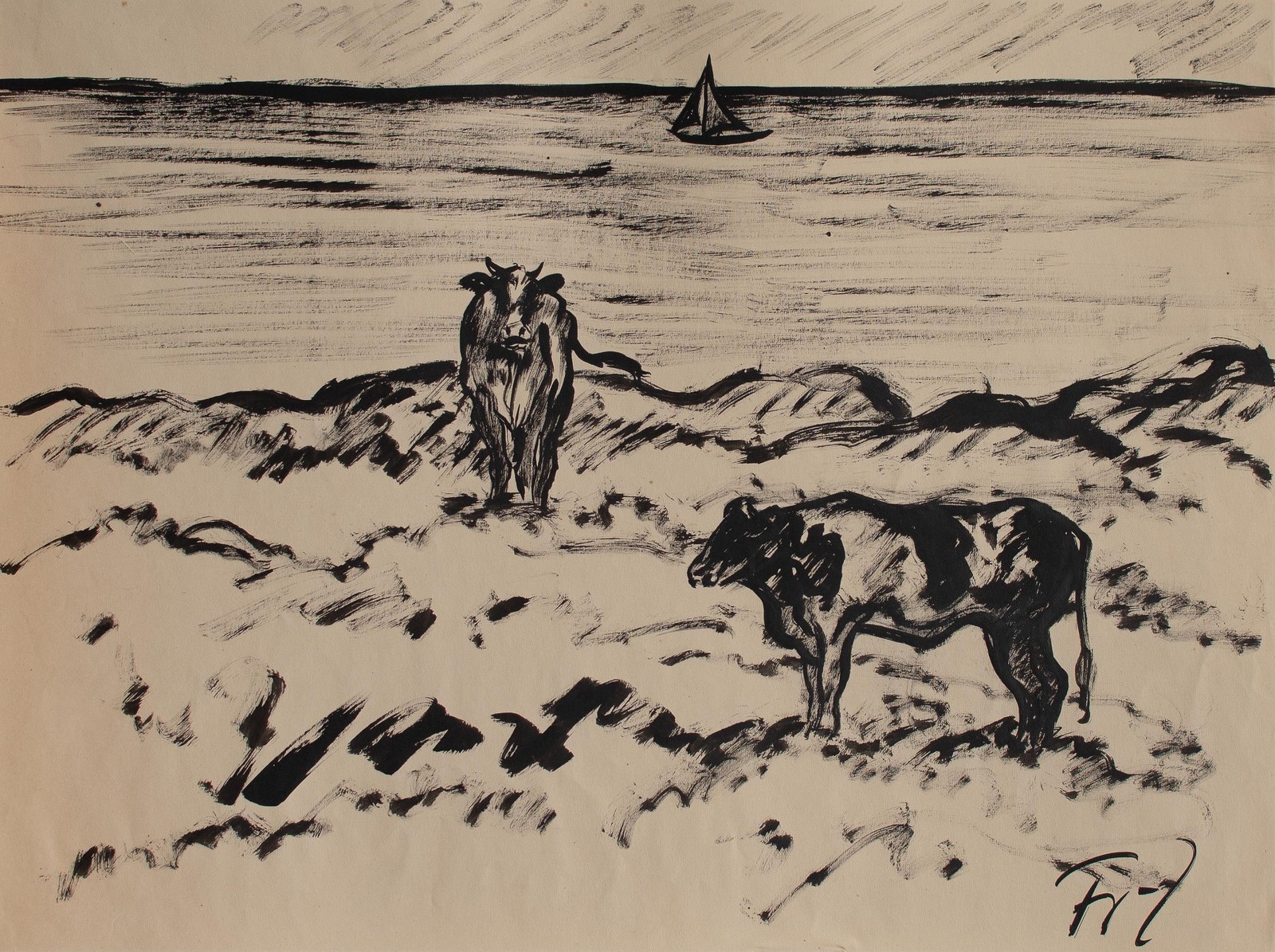 Fritz Zalisz Baltic Sea coast landscape with cows sign unique drawing early 20th century