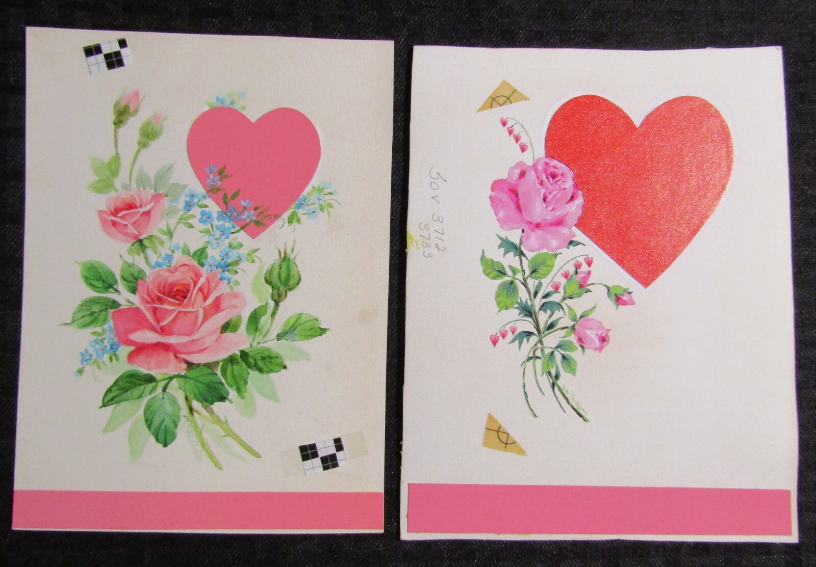 VALENTINES DAY Red Hearts with Pink Roses 6x7.5" Greeting Card Art LOT of 2